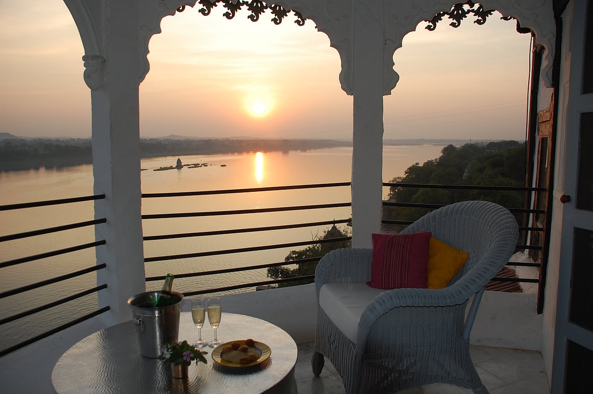Sunset on the balcony of the Narmada suite is an exquisite affair